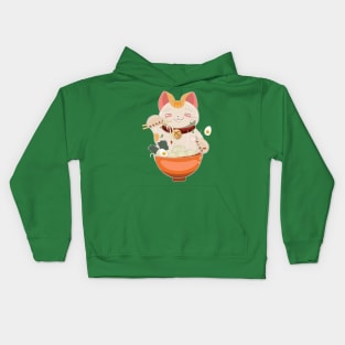 cat eating ramen in bowl Kids Hoodie